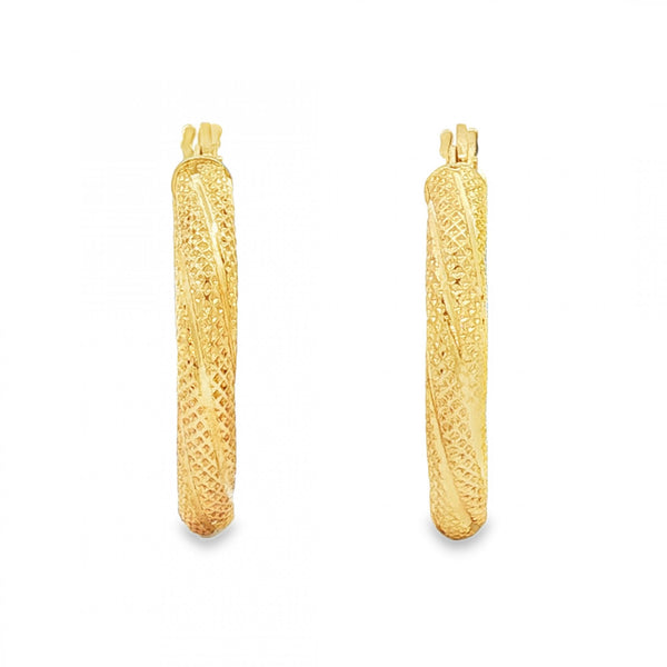 9ct Yellow Gold Twist Patterned Hoop Earrings - 3x21x21mm - 1.4g