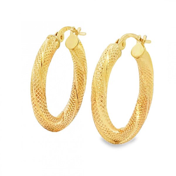 9ct Yellow Gold Twist Patterned Hoop Earrings - 3x21x21mm - 1.4g