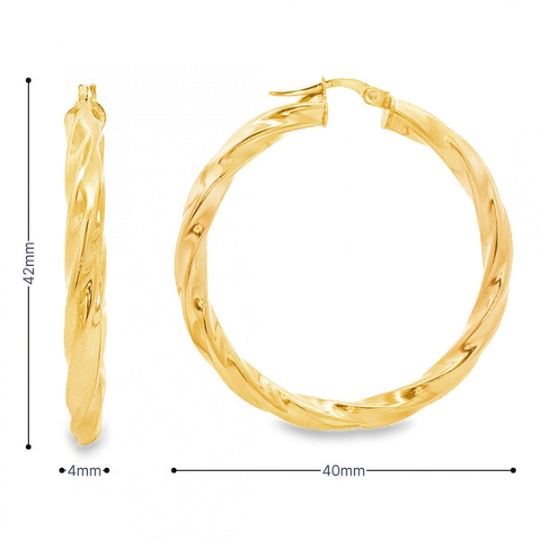 9ct Yellow Gold Large Twist Hoop Earrings - 4x42x40mm - 3.4g