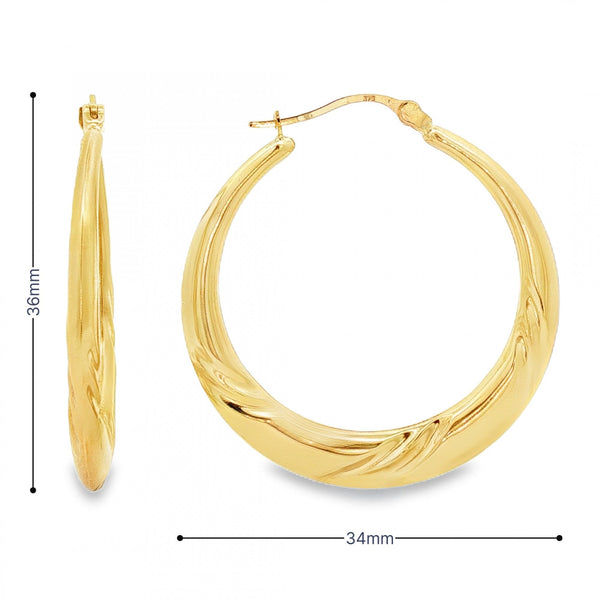 9ct Yellow Gold Large Twist Hoop Earrings - 3x36x34mm - 2.2g