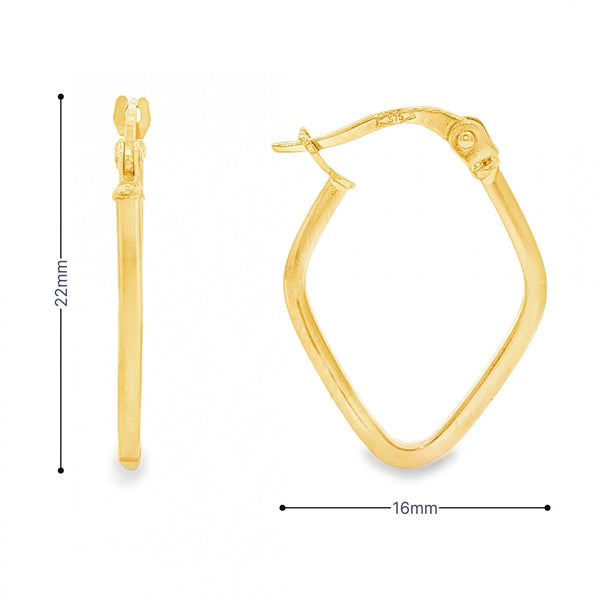 9ct Yellow Gold Diamond-Shape Hoop Earrings - 1.5x22x16mm - 1.1g