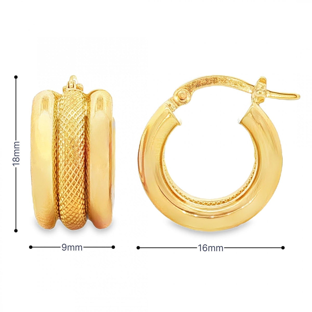9ct Yellow Gold Triple Tube Hoop Earrings - 9x18x16mm - 3.5g