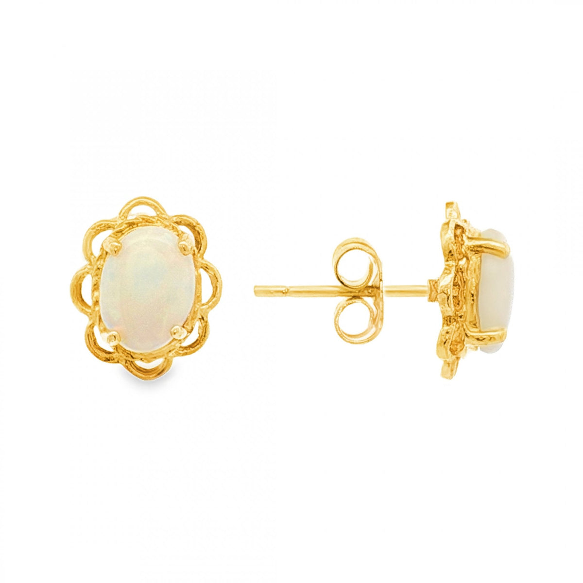 9ct Yellow Gold Oval Opal Flower Stud Earrings -8x10x4.5mm -1.5g
