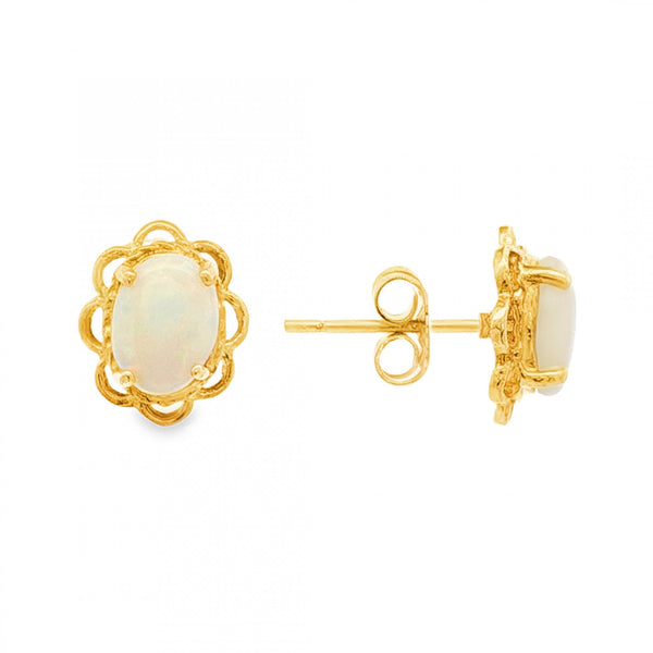 9ct Yellow Gold Oval Opal Flower Stud Earrings -8x10x4.5mm -1.5g