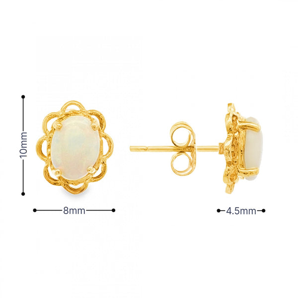 9ct Yellow Gold Oval Opal Flower Stud Earrings -8x10x4.5mm -1.5g