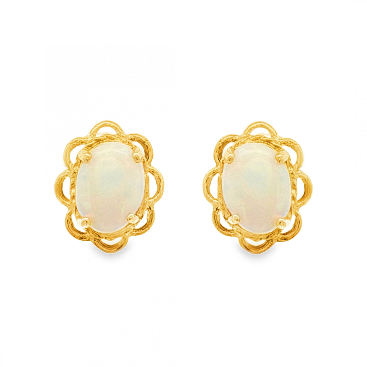 9ct Yellow Gold Oval Opal Flower Stud Earrings -8x10x4.5mm -1.5g