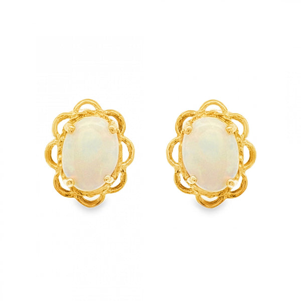 9ct Yellow Gold Oval Opal Flower Stud Earrings -8x10x4.5mm -1.5g