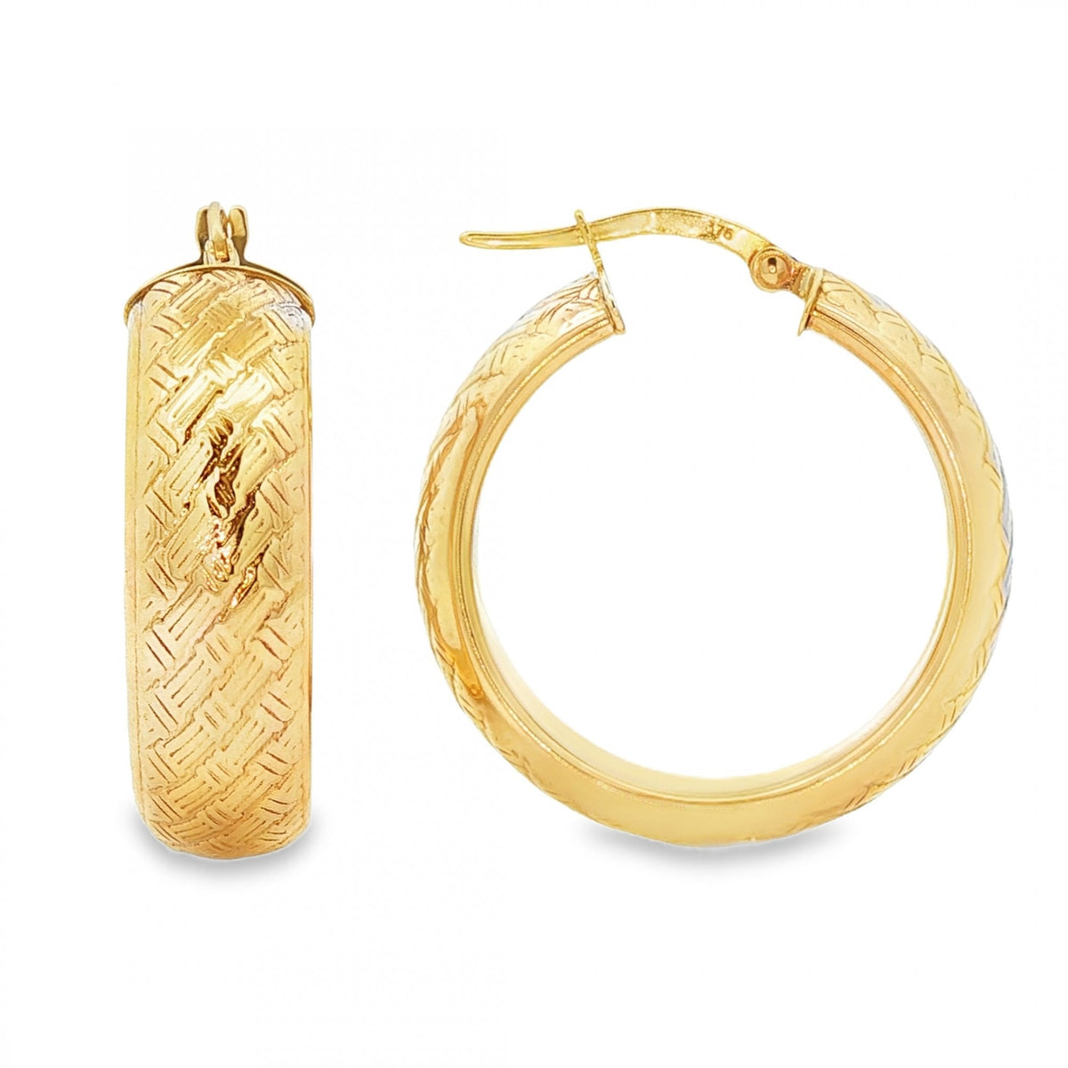 9ct Yellow Gold Basket Weave Hoop Earrings - 7x28x27mm - 6.0g