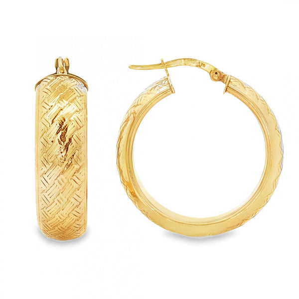 9ct Yellow Gold Basket Weave Hoop Earrings - 7x28x27mm - 6.0g