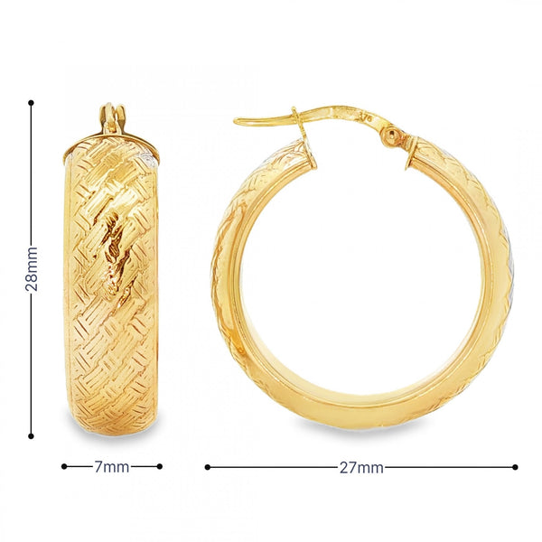 9ct Yellow Gold Basket Weave Hoop Earrings - 7x28x27mm - 6.0g