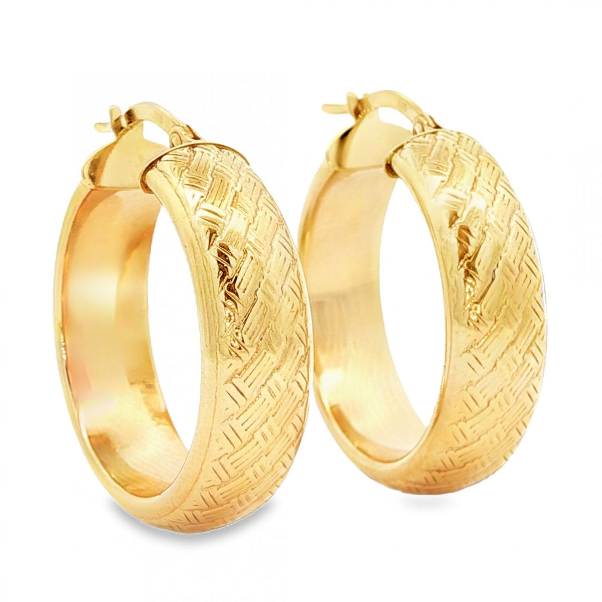 9ct Yellow Gold Basket Weave Hoop Earrings - 7x28x27mm - 6.0g