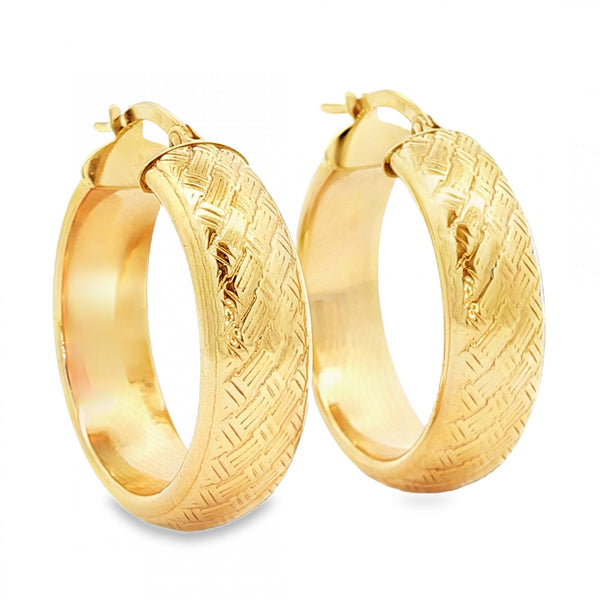 9ct Yellow Gold Basket Weave Hoop Earrings - 7x28x27mm - 6.0g