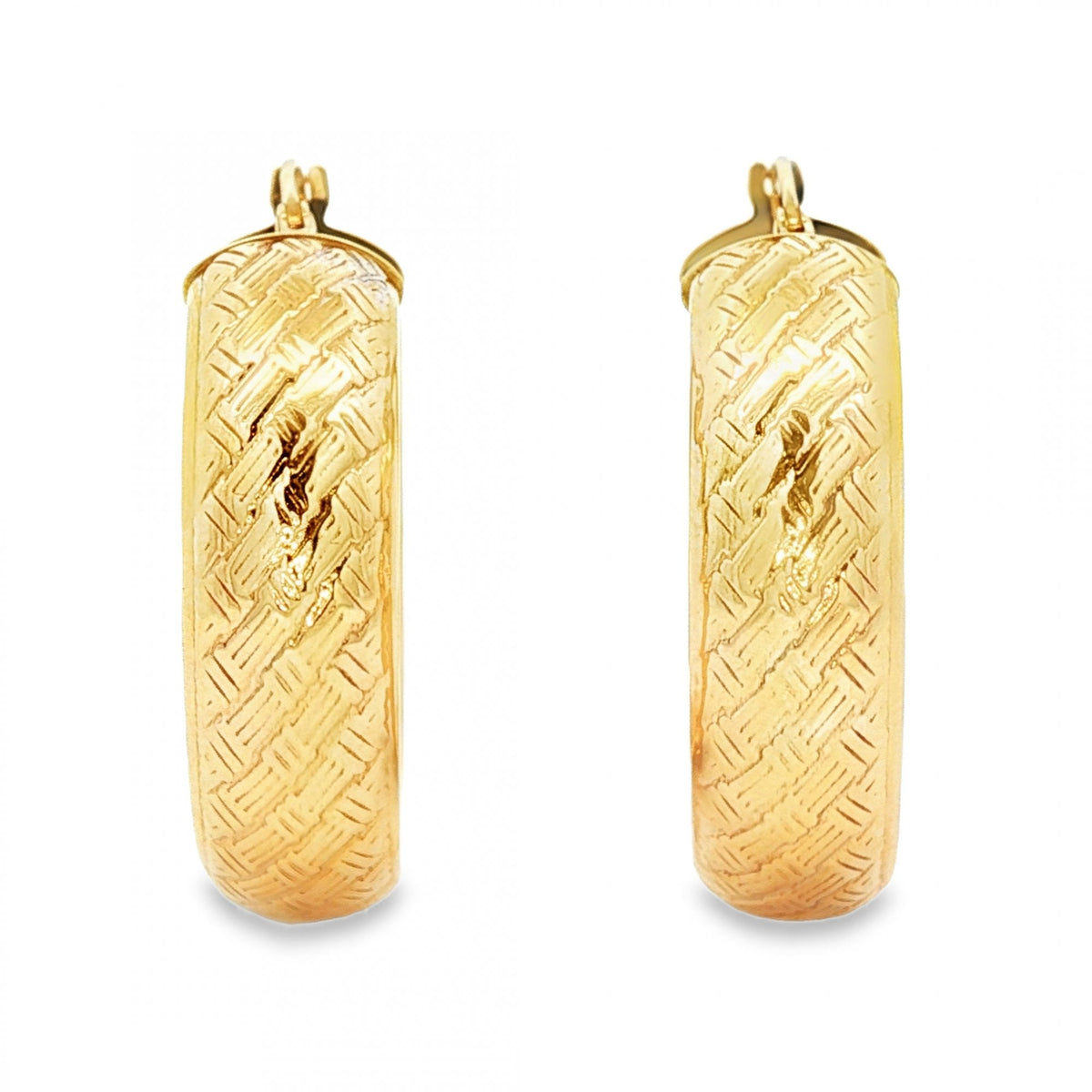 9ct Yellow Gold Basket Weave Hoop Earrings - 7x28x27mm - 6.0g