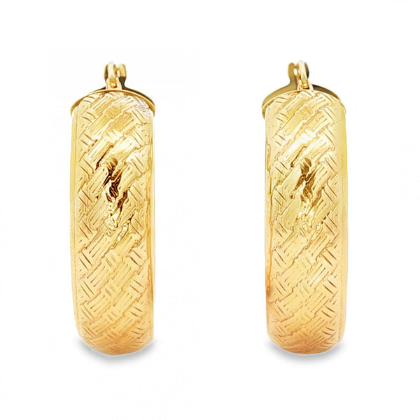 9ct Yellow Gold Basket Weave Hoop Earrings - 7x28x27mm - 6.0g
