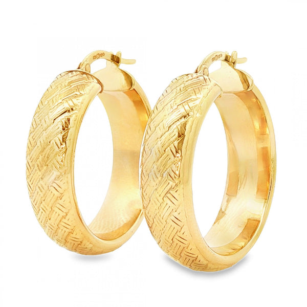9ct Yellow Gold Basket Weave Hoop Earrings - 7x28x27mm - 6.0g