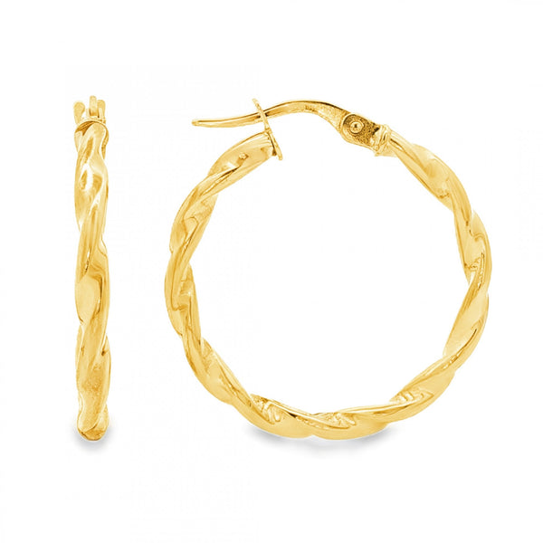 9ct Yellow Gold Hollow Twist Hoop Earrings - 2.5x25x25mm - 1.8g