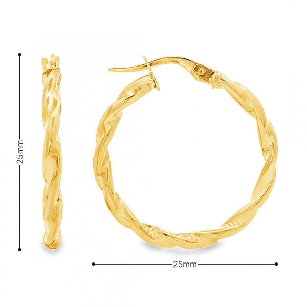 9ct Yellow Gold Hollow Twist Hoop Earrings - 2.5x25x25mm - 1.8g