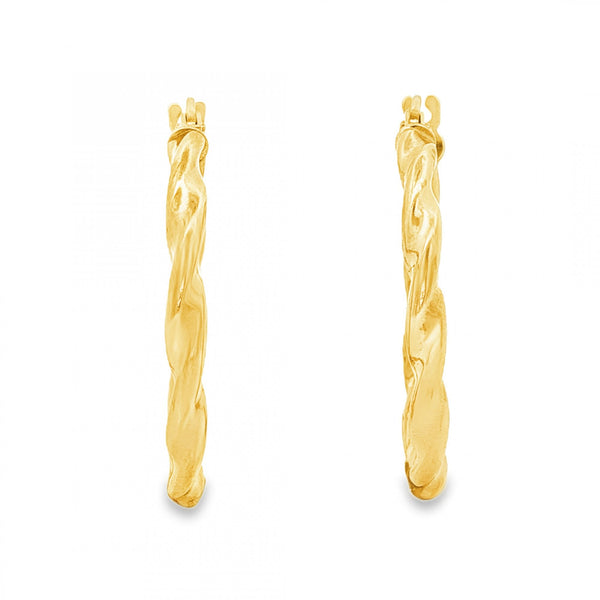 9ct Yellow Gold Hollow Twist Hoop Earrings - 2.5x25x25mm - 1.8g