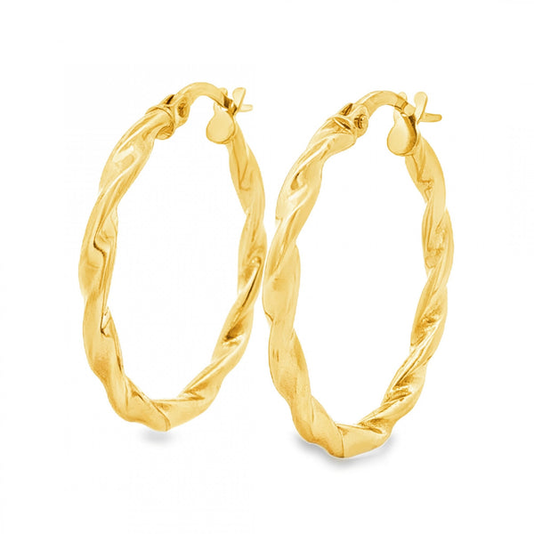 9ct Yellow Gold Hollow Twist Hoop Earrings - 2.5x25x25mm - 1.8g