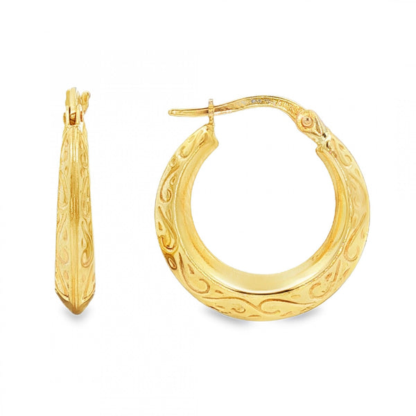 9ct Yellow Gold Engraved Hoop Earrings - 3.5x19x18mm - 1.3g