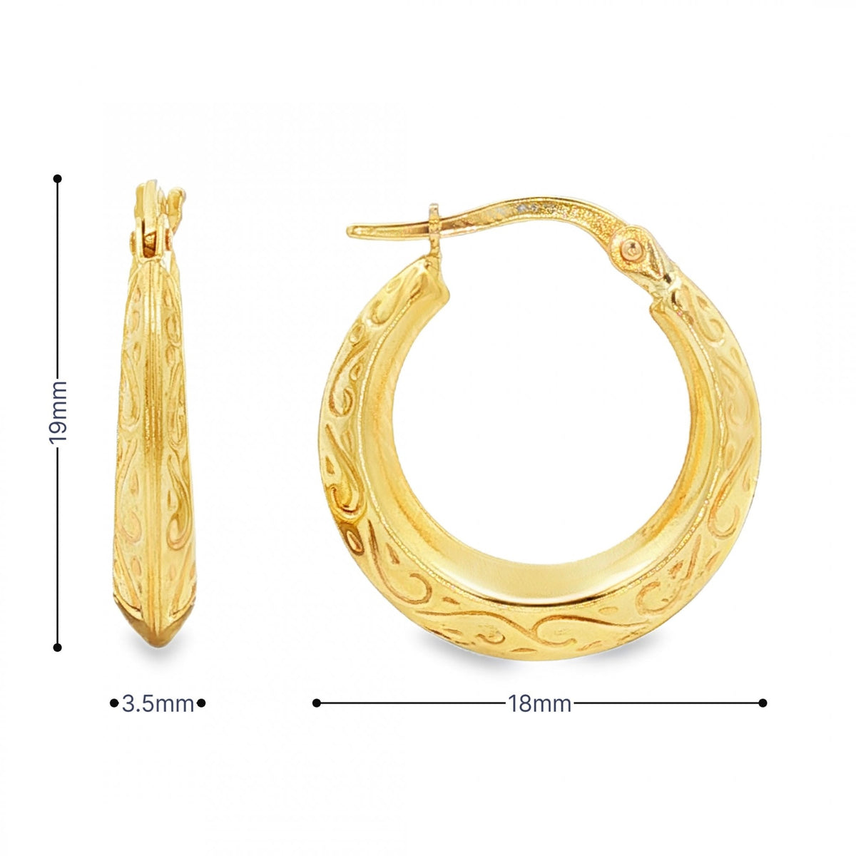 9ct Yellow Gold Engraved Hoop Earrings - 3.5x19x18mm - 1.3g