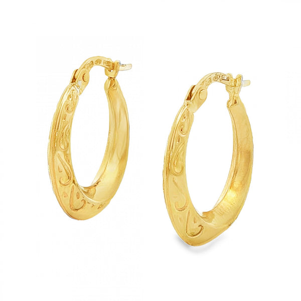 9ct Yellow Gold Engraved Hoop Earrings - 3.5x19x18mm - 1.3g