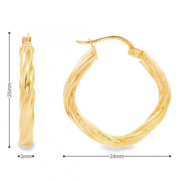 9ct Yellow Gold Hollow Spiral Hoop Earrings - 3x25x24mm - 1.8g