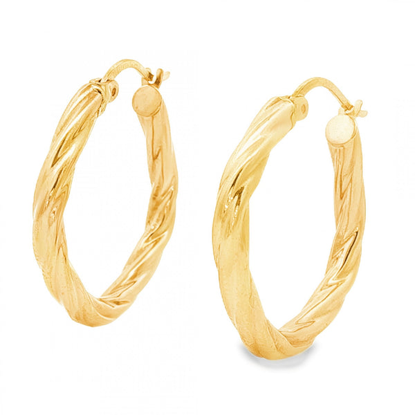 9ct Yellow Gold Hollow Spiral Hoop Earrings - 3x25x24mm - 1.8g