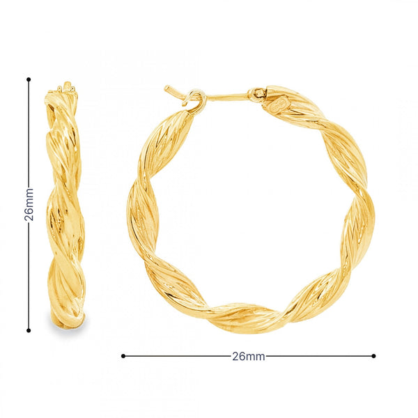 9ct Yellow Gold Twist Ribbon Hoop Earrings - 3.5x26x26mm - 2.4g