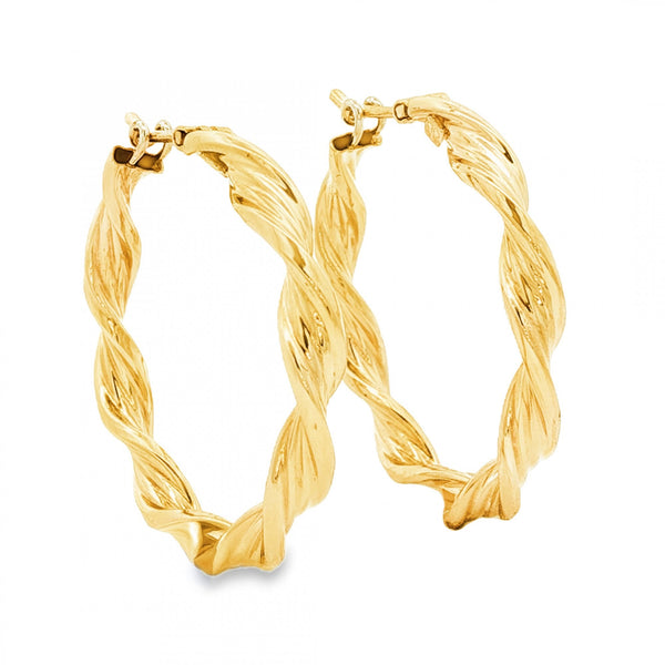9ct Yellow Gold Twist Ribbon Hoop Earrings - 3.5x26x26mm - 2.4g