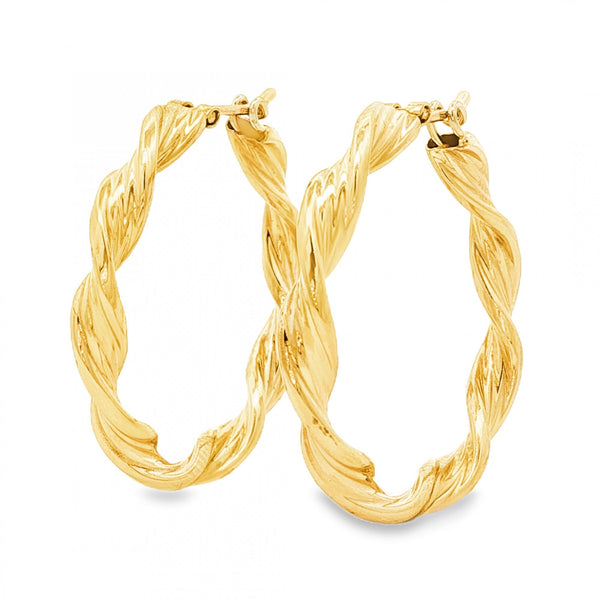 9ct Yellow Gold Twist Ribbon Hoop Earrings - 3.5x26x26mm - 2.4g