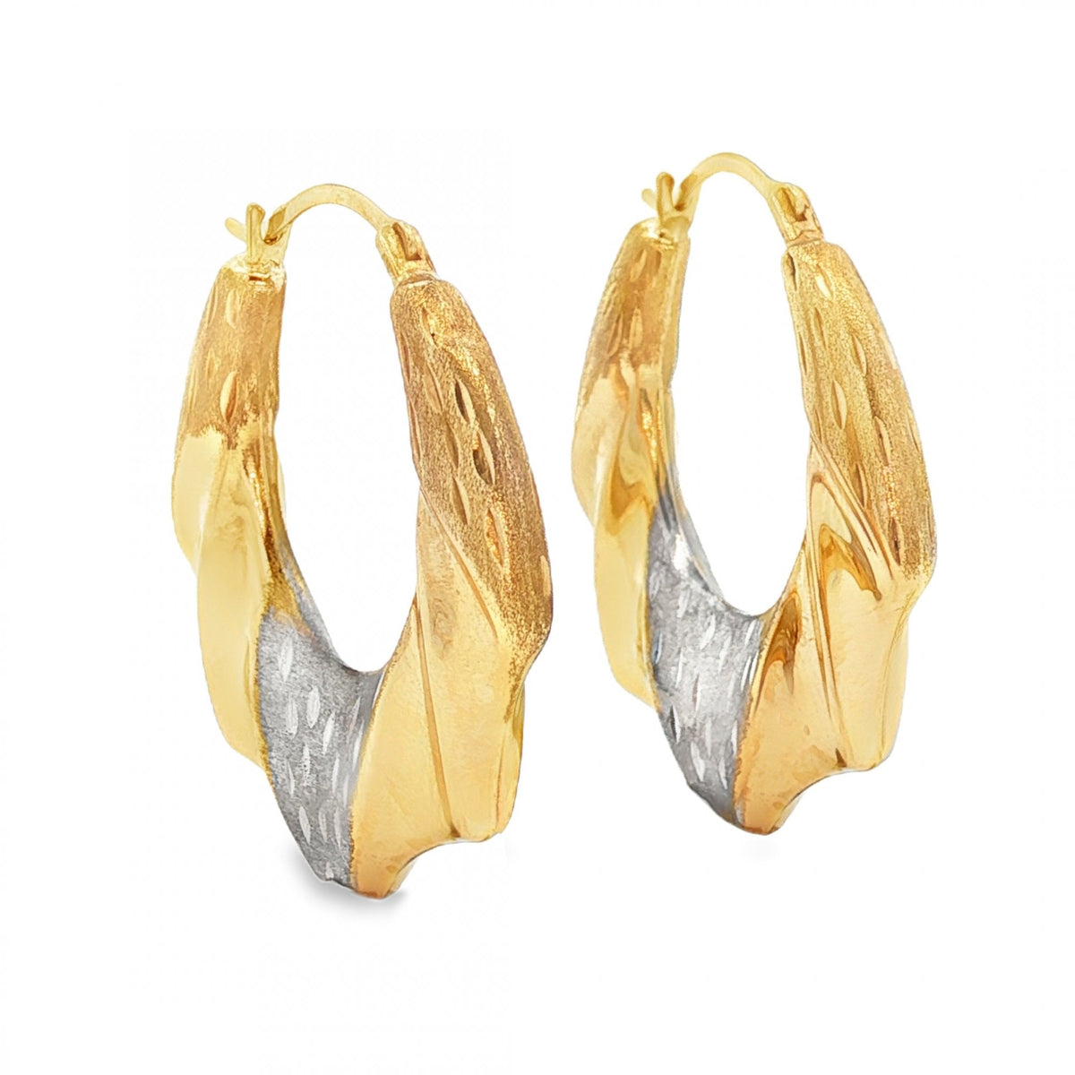 9ct Yellow & White Gold Patterned Hoops - 4.5x28x25mm - 1.6g