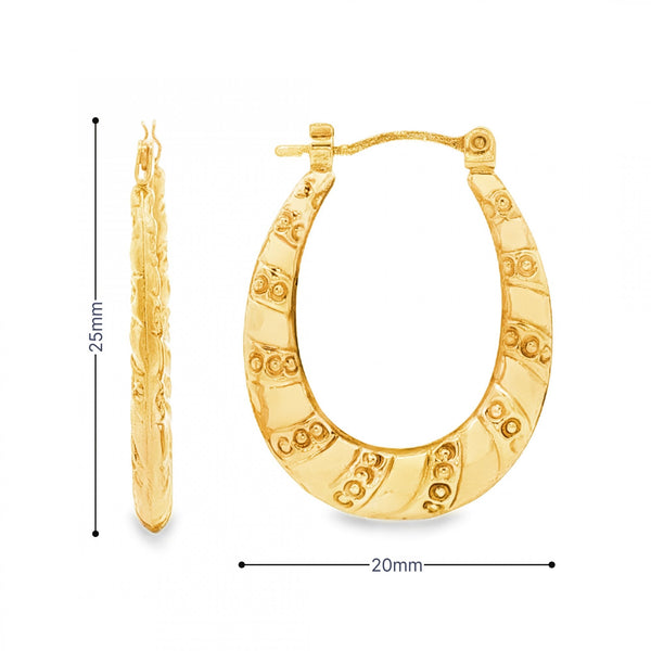 9ct Yellow Gold Swirl Engraved Hoop Earrings - 2.5x25x20mm -0.9g