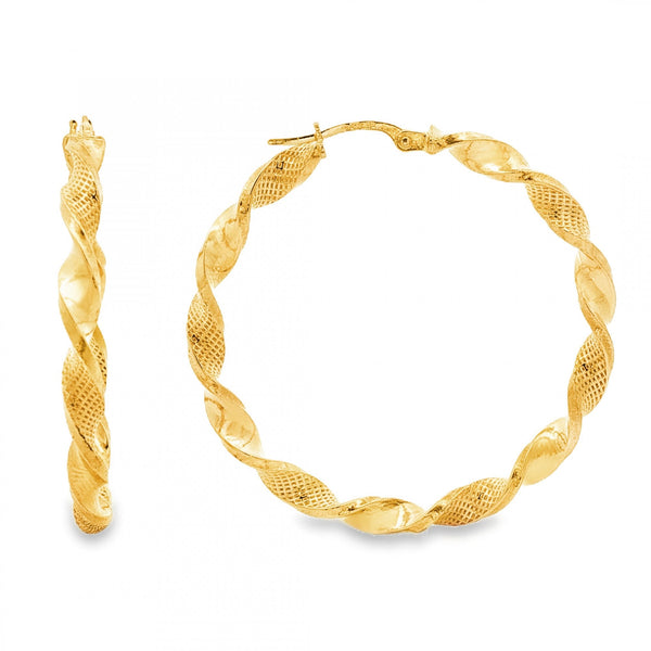9ct Yellow Gold Ribbon Swirl Hoop Earrings - 3.5x37x37mm - 3.0g