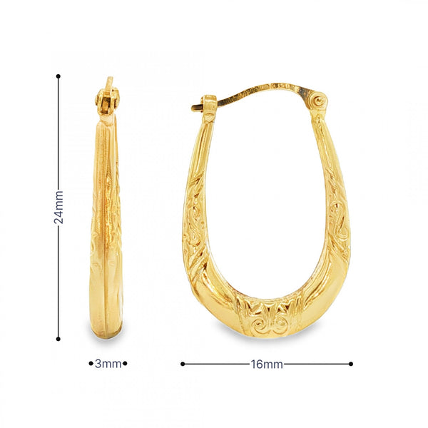 9ct Yellow Gold Patterned Oval Hoop Earrings - 3x24x16mm - 1.2g