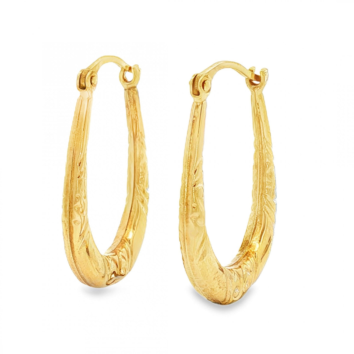 9ct Yellow Gold Patterned Oval Hoop Earrings - 3x24x16mm - 1.2g