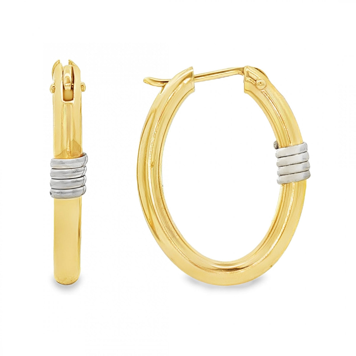 9ct Yellow & White Gold Coil Oval Hoop Earrings -4x25x20mm -2.8g