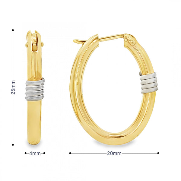 9ct Yellow & White Gold Coil Oval Hoop Earrings -4x25x20mm -2.8g