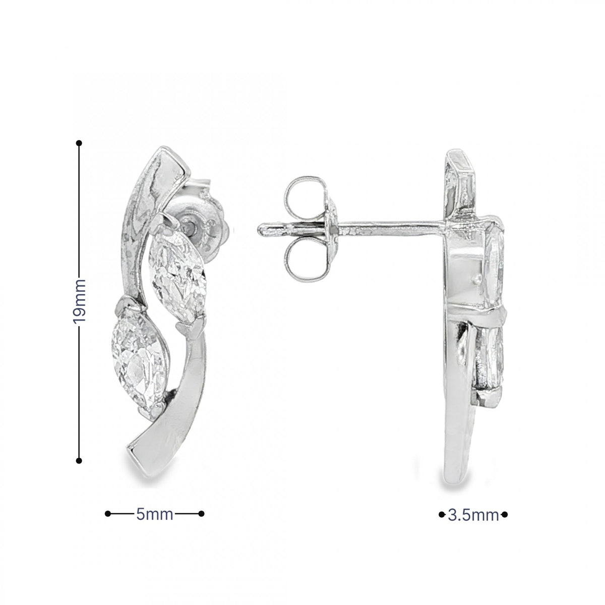 9ct White Gold Marquise CZ Stud Earrings - 5x19x3.5mm - 1.9g