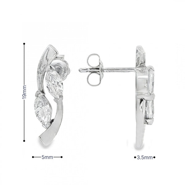 9ct White Gold Marquise CZ Stud Earrings - 5x19x3.5mm - 1.9g
