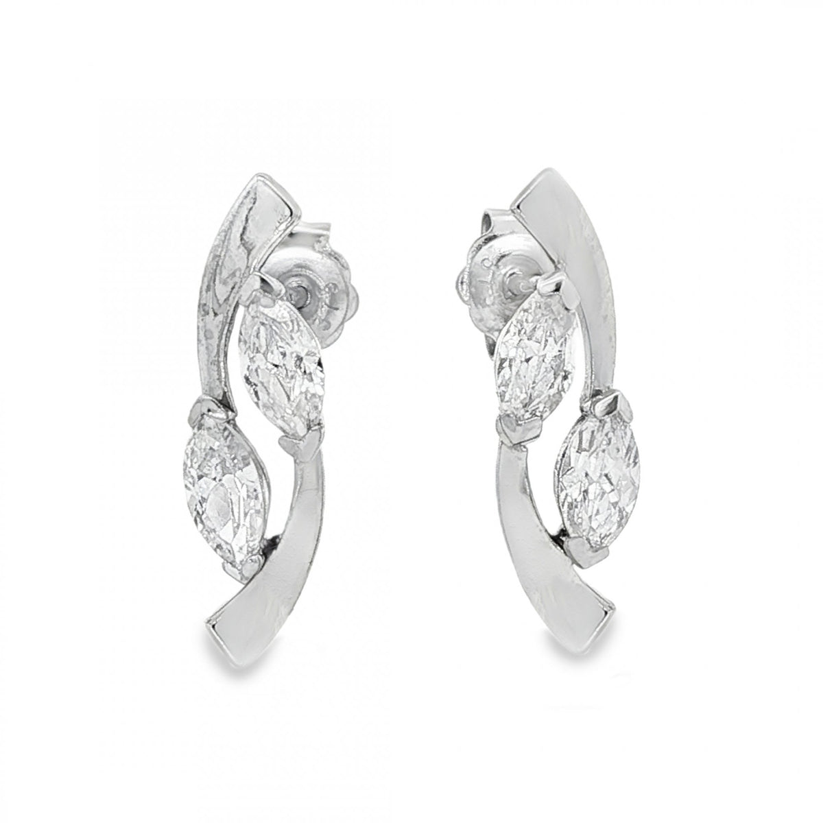 9ct White Gold Marquise CZ Stud Earrings - 5x19x3.5mm - 1.9g