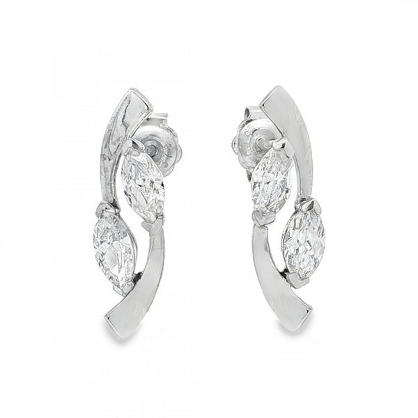 9ct White Gold Marquise CZ Stud Earrings - 5x19x3.5mm - 1.9g