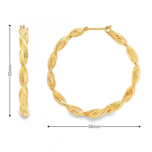 9ct Yellow Gold Large Coiled Hoop Earrings - 3.5x35x36mm - 3.1g