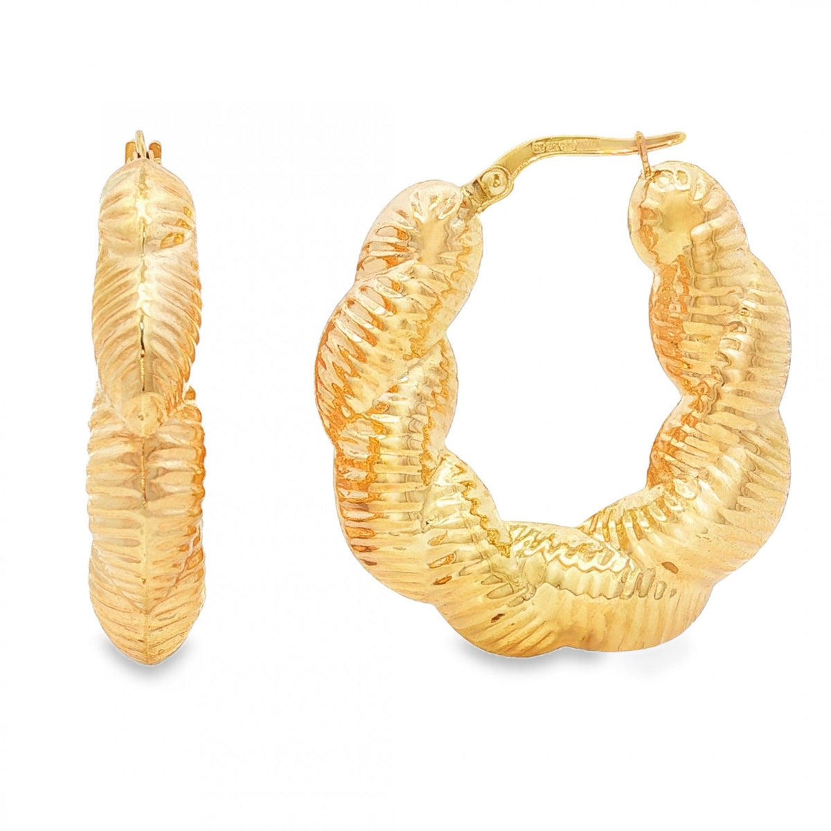 9ct Yellow Gold Large Ribbed Hoop Earrings - 7x32x29mm - 4.5g