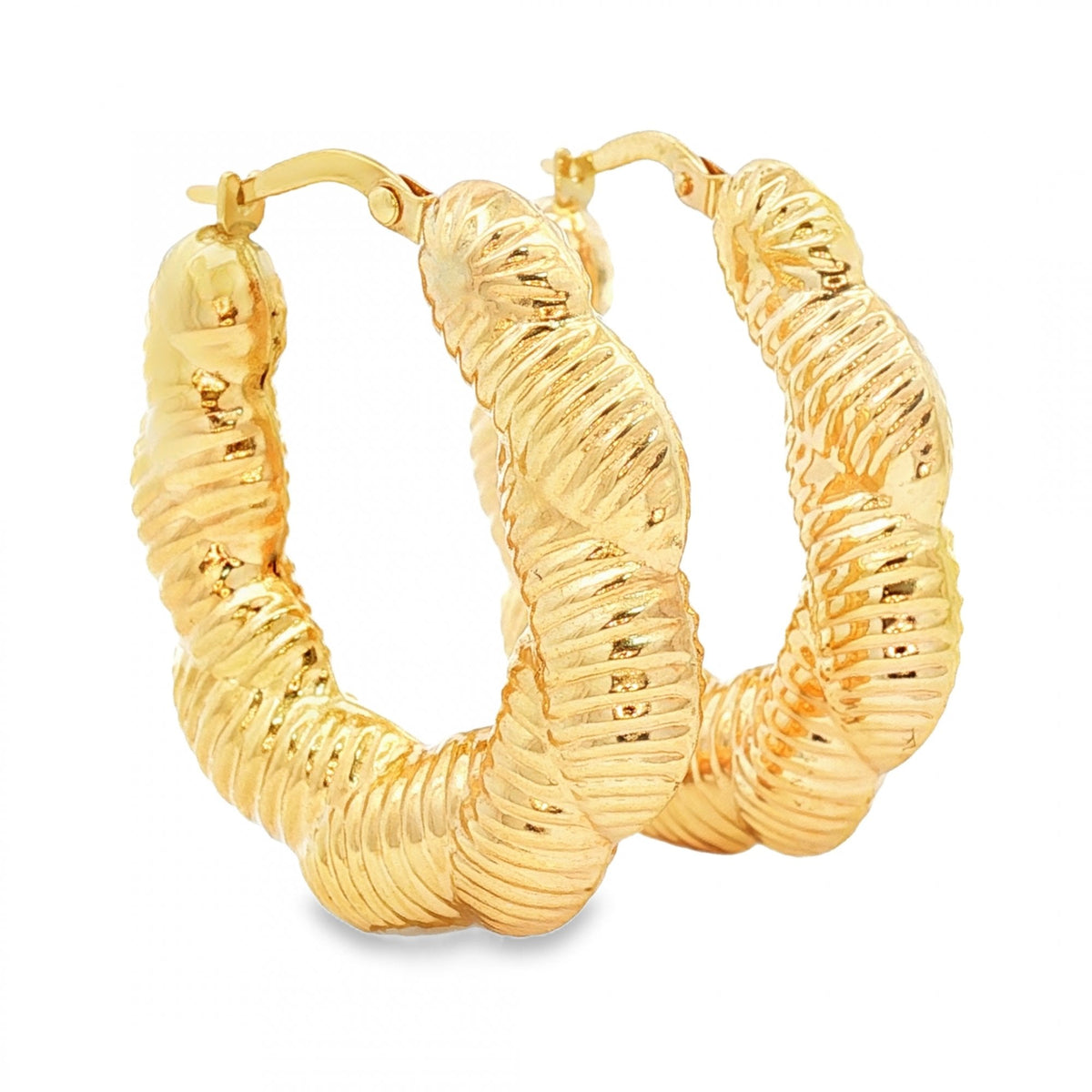 9ct Yellow Gold Large Ribbed Hoop Earrings - 7x32x29mm - 4.5g