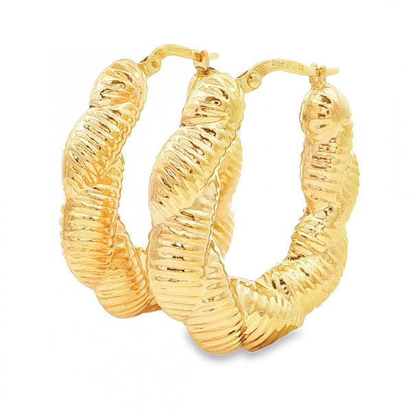 9ct Yellow Gold Large Ribbed Hoop Earrings - 7x32x29mm - 4.5g