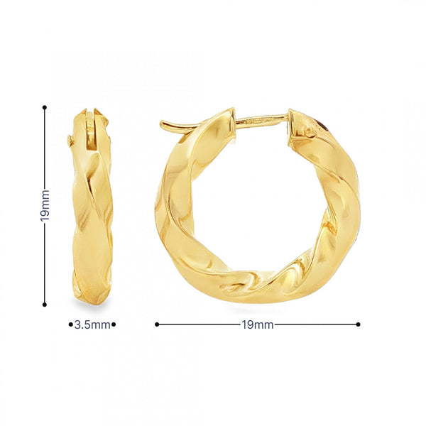 9ct Yellow Gold Twist Hoop Earrings - 3.5x19x19mm - 2.1g