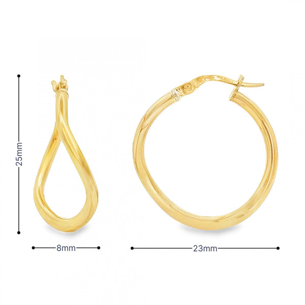 9ct Yellow Gold Wave Hoop Earrings - 8x25x23mm - 1.4g