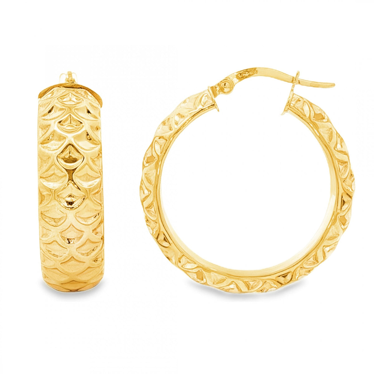 9ct Yellow Gold Large Patterned Hoop Earrings - 7x28x26mm - 3.4g