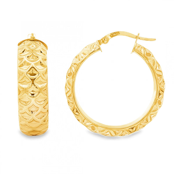 9ct Yellow Gold Large Patterned Hoop Earrings - 7x28x26mm - 3.4g